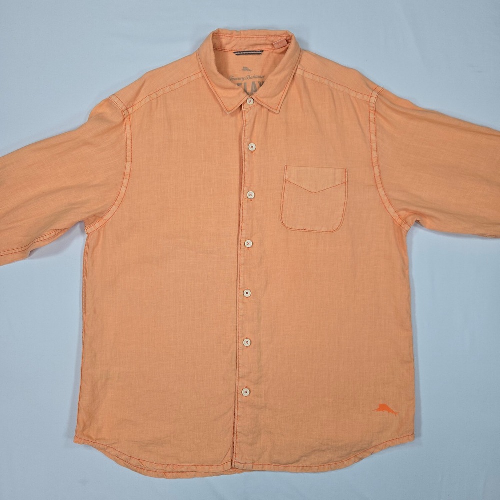 Tommy Bahama Men Linen Orange Button Shirt XL Relax Fit Sunwashed Coastal Casual - Picture 2 of 15